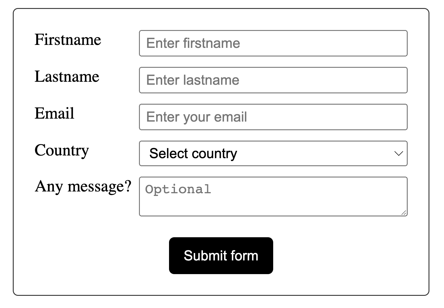 Submit form with name, email, country & optional message.
